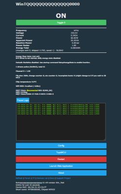 Main dashboard of the WinTest web application with a log field, navigation buttons, and device details.