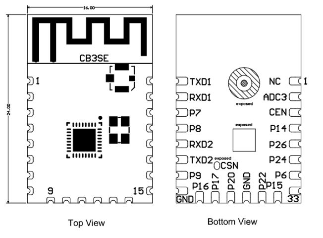 CB3SE Module Pin Diagram: Top and Bottom View Pin diagram of CB3SE module top and bottom view.