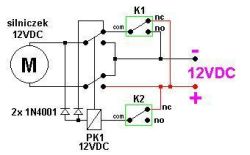 Wiring diagram with 12VDC motor, relay PK1, and limit switches K1 and K2