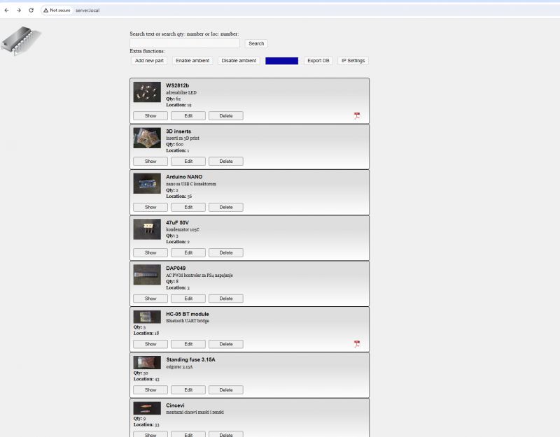 Parts Database Management Interface Web interface with a list of parts and editing options.
