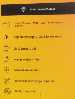 Technical specifications of a smart wall light with WiFi function on a yellow background.