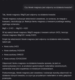 Zrzut ekranu z rozmowy o odporności tlenku magnezu na działanie kwasów