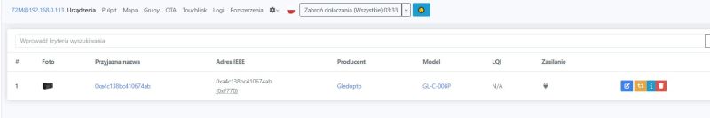 Zigbee2MQTT screenshot showing Devices list with a Gledopto GL-C-008P controller