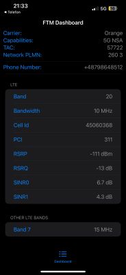 Zrzut ekranu z aplikacji FTM Dashboard pokazujący parametry sieci LTE i 5G