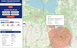 Mapa zasięgu nadajnika DVB-T2 MUX 3 Szczecin/Warszewo z parametrami emisji