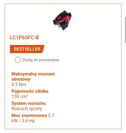Zdjęcie specyfikacji silnika LC1P65FC-B z firmy Loncin, wskazującego na bestseller.