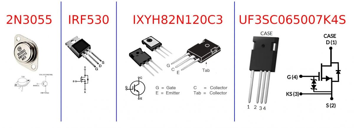 Comparison of Transistors 2N3055, IRF530, IXYH82N120C3, and UF3SC065007K4S The image shows four different transistors: 2N3055, IRF530, IXYH82N120C3, UF3SC065007K4S with their diagrams.