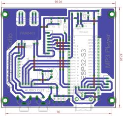 PCB design with ESP32-S3, SD card connector, LCD, and audio output components