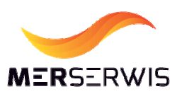 Logo firmy Merserwis z pomarańczowo-czerwoną falą nad czarnym napisem.