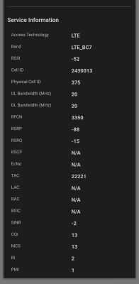 Zrzut ekranu z danymi sieci LTE, pasmo BC7, RSSI -52, SINR -2, RSRP -88