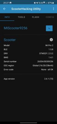 Zrzut ekranu z aplikacji ScooterHacking Utility pokazujący informacje o hulajnodze Mi Pro 2.