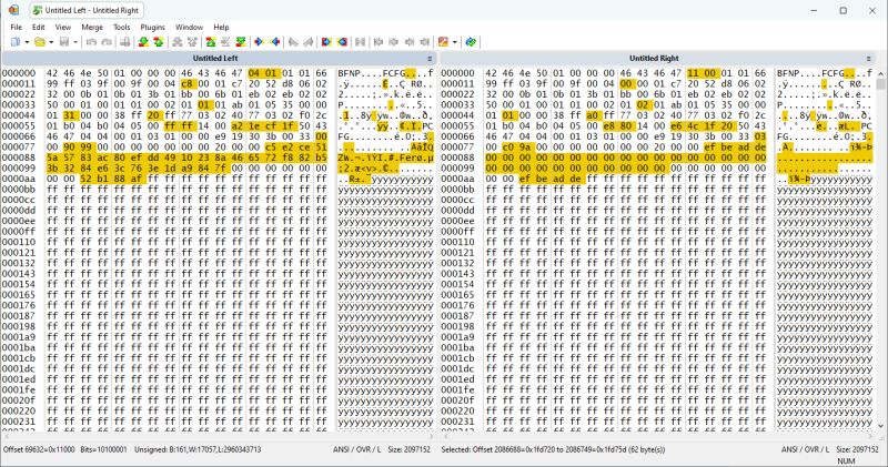 Comparison of two binary files in hexadecimal format using WinMerge, with differences highlighted.