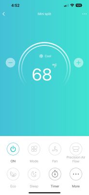 Air conditioner control app screen showing 68°F cooling mode.