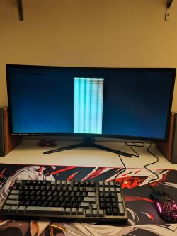 Monitor MSI z pionowymi paskami na środku ekranu, ustawiony na biurku z klawiaturą i myszką