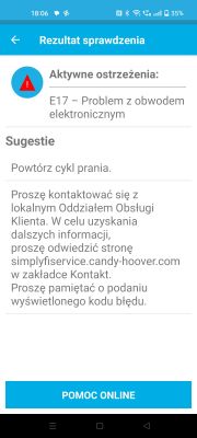 Ekran aplikacji z komunikatem o błędzie E17 dotyczącym obwodu elektronicznego zmywarki Candy.