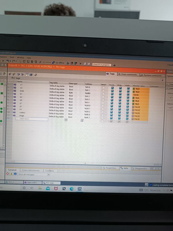 Ekran laptopa z TIA Portal, otwarta tabela tagów PLC z nazwami, adresami i wartościami TRUE/FALSE