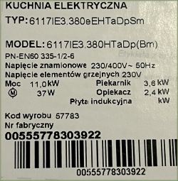 Etykieta techniczna kuchenki elektrycznej Amica model 6117IE3.380HTaDp(Bm)