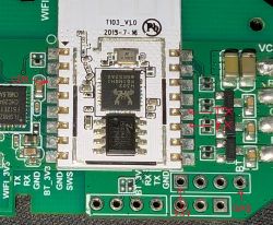 Close-up of a PCB with clearly marked pins: CEN, TX, RX, and GND areas.