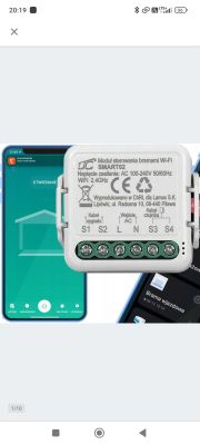 Moduł SMART02 z oznaczeniami S1–S4, L, N na tle ekranu aplikacji do sterowania bramą