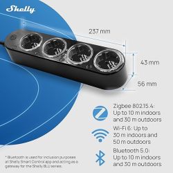 Shelly power strip with four sockets, dimensions, and connectivity icons shown