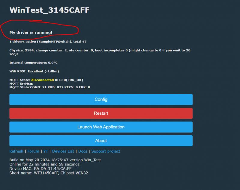 OpenBeken Driver Page with Status Information A webpage displaying My driver is running! at the top with several buttons at the bottom.