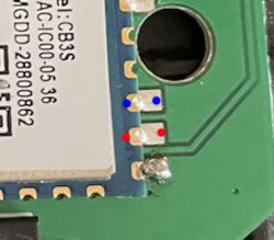 CB3S module on a PCB with marked solder points.