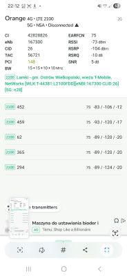 Zrzut ekranu danych sieci LTE Orange z aplikacji do pomiaru sygnału