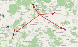 Mapa z zaznaczonymi masztami BTS w okolicy, wskazującymi odległości 3 km, 4 km, 6 km i 10 km od wybranej lokalizacji.