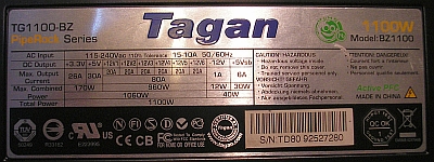 Tagan TG1100 PipeRock Series model: TG1100-BZ 1100W uszkodzony po zwarciu.