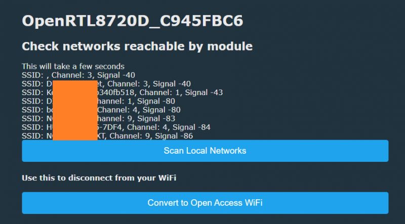 Screenshot of a network interface showing a list of available Wi-Fi networks with options to scan and convert Wi-Fi.