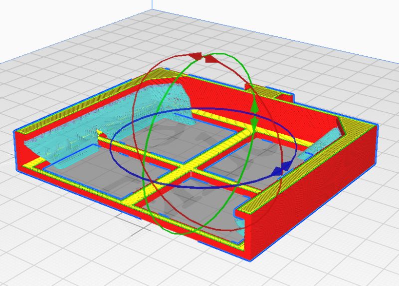 Phone holder 3D model sliced in Cura with visible print paths and rotation axes