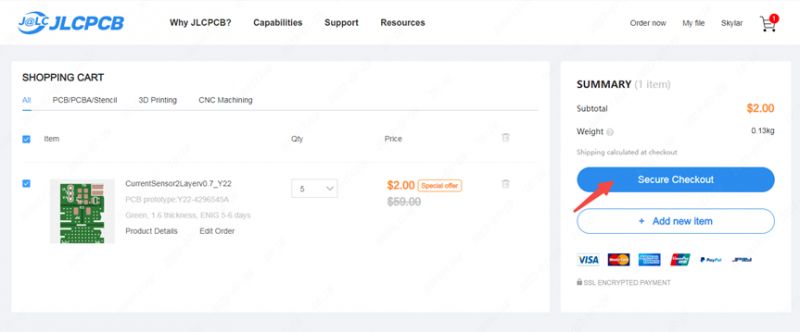 Screenshot of JLCPCB shopping cart with promotional price for PCB prototype.
