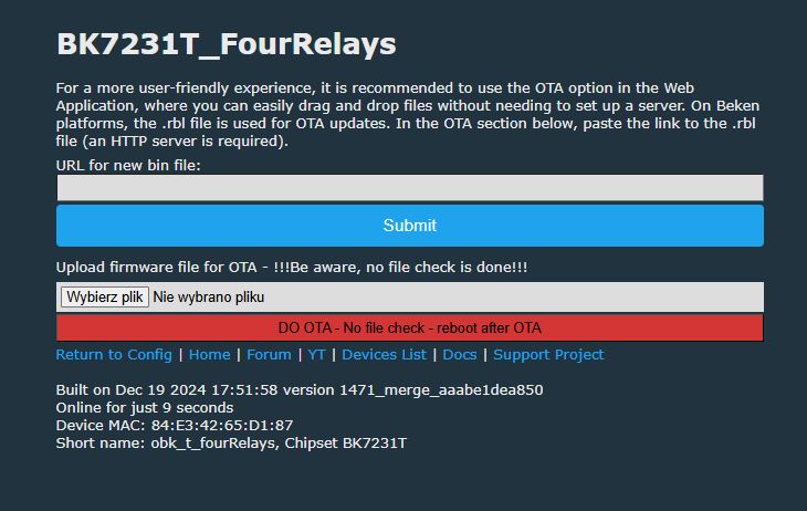 Screenshot of BK7231T_FourRelays web interface with OTA options.