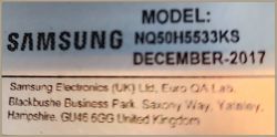 Tabliczka znamionowa z modelem Samsung NQ50H5533KS, grudzień 2017