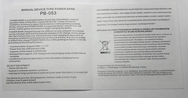 Instrukcja obsługi powerbanku PB-053 w języku angielskim i polskim