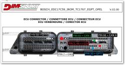 Bosch EDC17C59 ECU connector with marked signal and power pins.