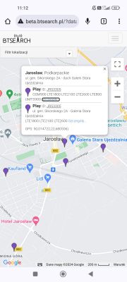 Zrzut ekranu mapy z lokalizacjami BTS w Jarosławiu.