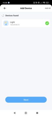 Add Device screen showing one found bulb named Light with ID 1002854b7d