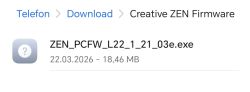 Zrzut ekranu pobierania pliku ZEN_PCFW_L22_1_21_03e.exe w „Creative ZEN Firmware”.
