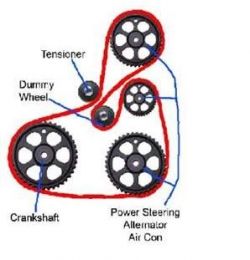 Schemat układu pasków klinowych w samochodzie, z zaznaczeniem elementów takich jak napinacz, wał korbowy i alternator.