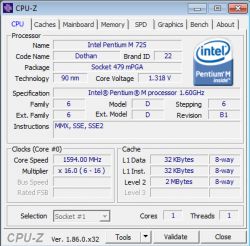 Zrzut ekranu z programu CPU-Z pokazujący specyfikacje procesora Intel Pentium M 725.