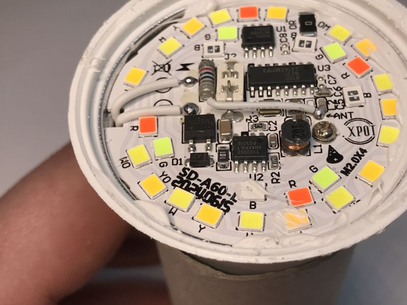 Interior of a Colorful RGB/CCT LED Bulb Interior of a colorful RGB/CCT LED bulb with visible diodes and electronic components.