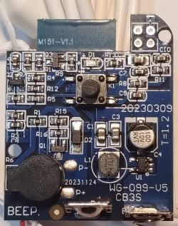 A circuit board labeled WG-099-v5 with electronic components and markings.