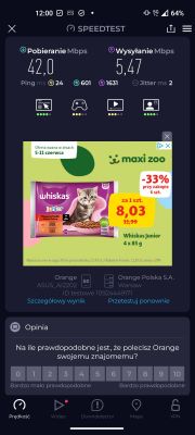 Zrzut ekranu z aplikacji SpeedTest pokazujący wyniki prędkości internetu mobilnego Orange: pobieranie 42,0 Mbps, wysyłanie 5,47 Mbps.