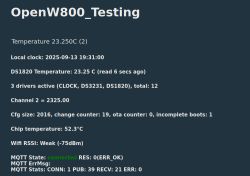 Screenshot of OpenW800 interface showing temperature and system status