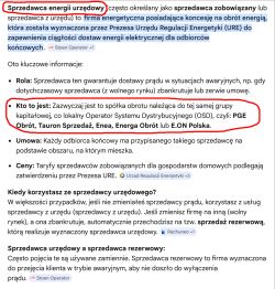 Zrzut ekranu z polskim tekstem o sprzedawcy energii urzędowym, z czerwonymi podkreśleniami.