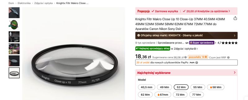 Zrzut ekranu oferty: filtr makro/close-up KniightX Close-up +10 77 mm, cena 18,36 zł