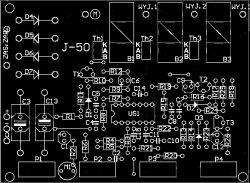 Projekt płytki PCB J-50 z oznaczeniami komponentów elektronicznych