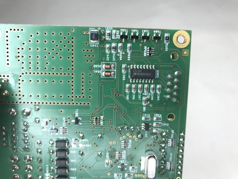 Bottom side of PCB with ST232C chip and surface-mounted components