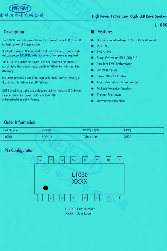 Technical flyer of L1050 LED driver IC with description, features, and pin configuration